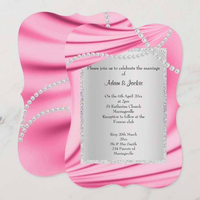INVITATION SATIN ROSE, DIAMONDES & PEARLS ÉLÉGANT MARIAGE (Devant / Derrière)