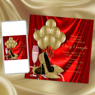 Invitation Satin rouge et or pour fête d'anniversaire de femm
