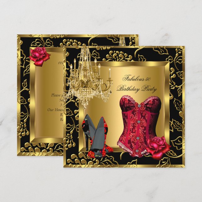 Invitation Satin Rouge Fabuleux Talons Lustre Corset Rose Den (Devant / Derrière)