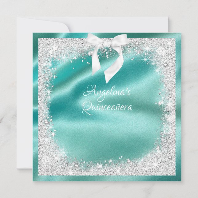 Invitation Satin Turquoise Élégant, Parties scintillant Silv, (Devant)
