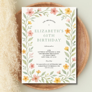 Invitation Sauge verte florale aquarelle rose jaune 60 ans