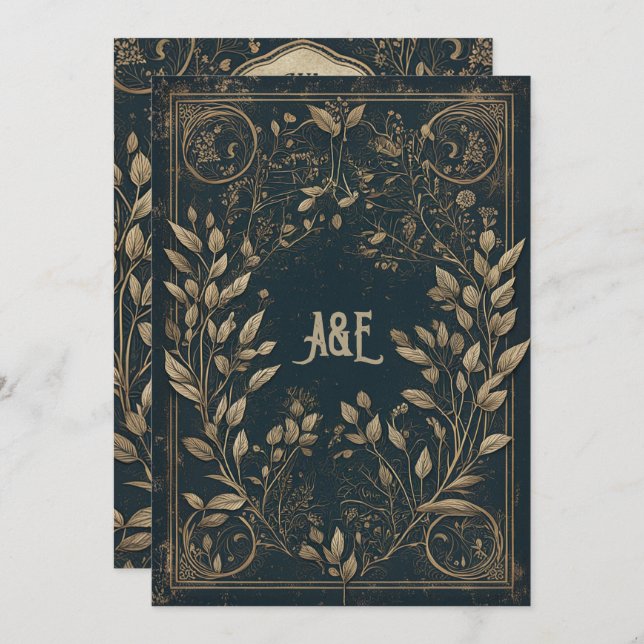 Invitation Saule Enchanté Bleu et Or (Devant / Derrière)