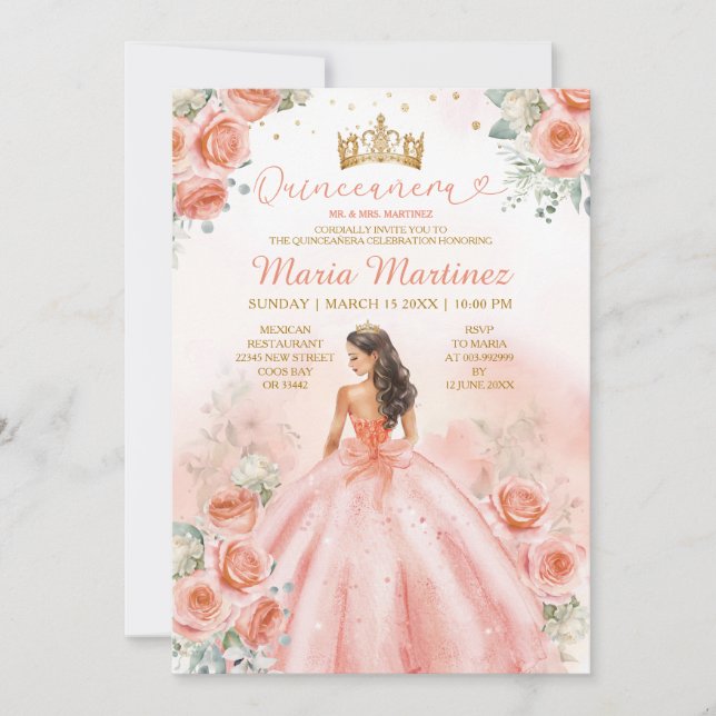 Invitation Saumon Peach Princesse Floral Gold Quinceañera (Devant)