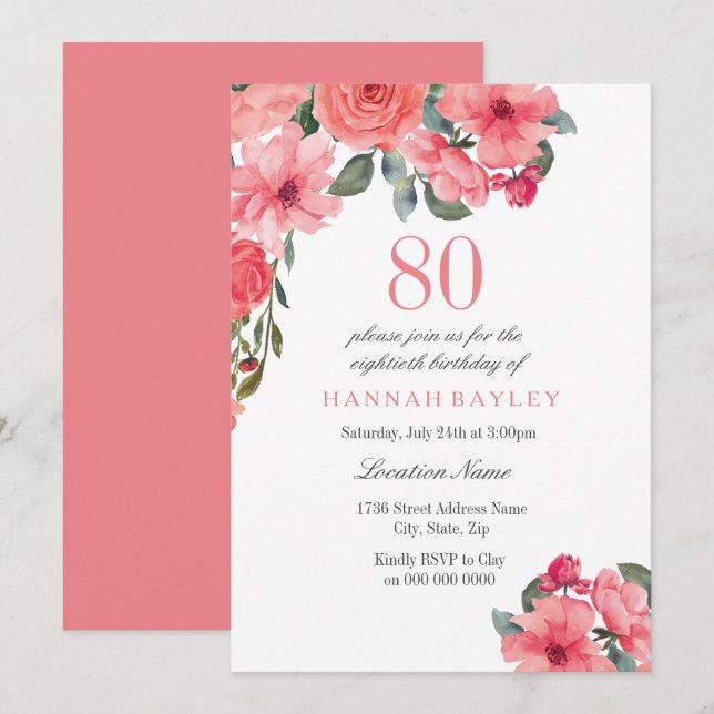 Invitation Saumon Pink & Peach Tropical 80e anniversaire Invi (Devant / Derrière)