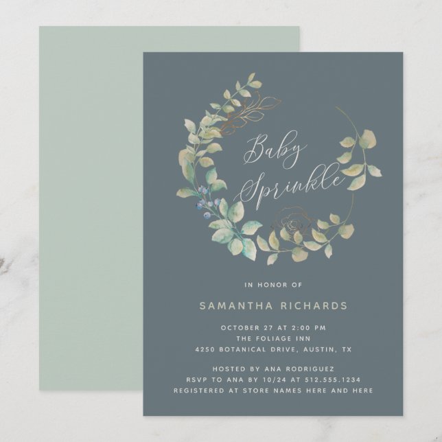 Invitation Saupoudrage de bébé botanique en or à couronne feu (Devant / Derrière)