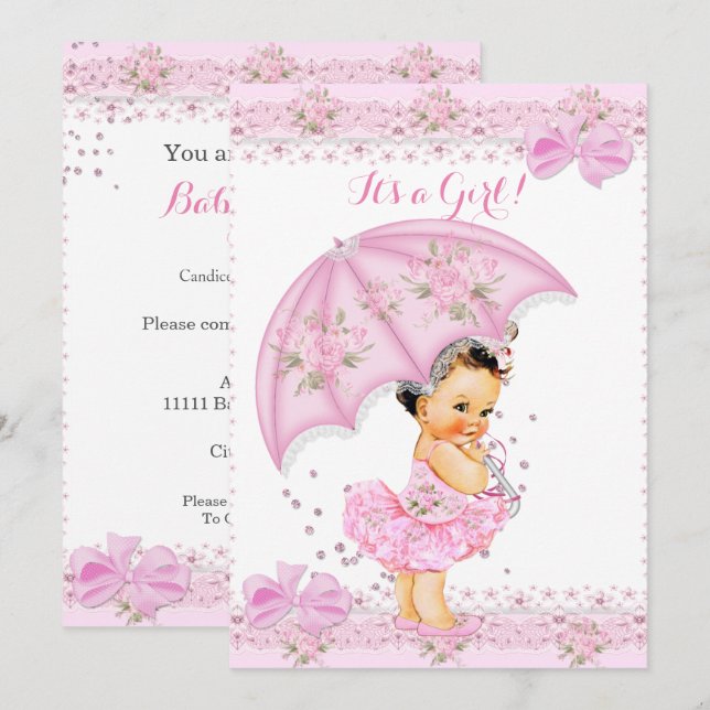 Invitation Saupoudrer Baby shower fille floral rose parapluie (Devant / Derrière)