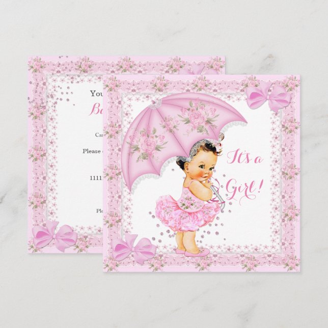 Invitation Saupoudrer Baby shower fille floral rose parapluie (Devant / Derrière)