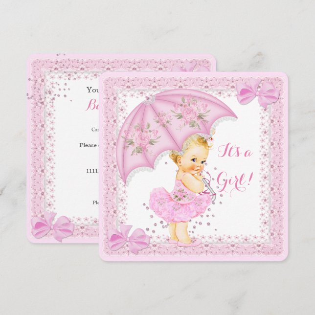 Invitation Saupoudrer Baby shower fille rose parapluie Blonde (Devant / Derrière)