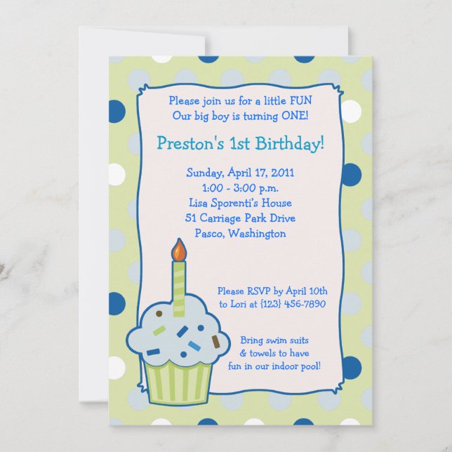 Invitation Saupoudrer Cupcake 5x7 Garçon 1er anniversaire Inv (Devant)