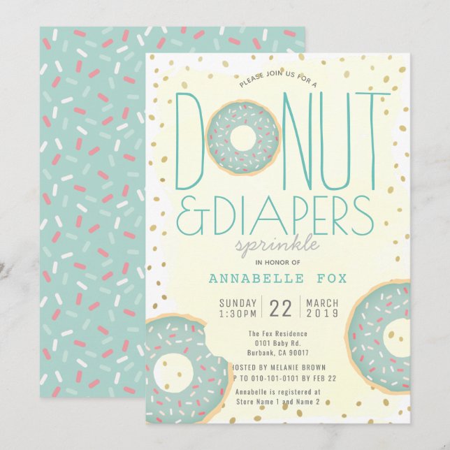 Invitation Saupoudrer le Baby shower d'or vert de Donut & Dia (Devant / Derrière)