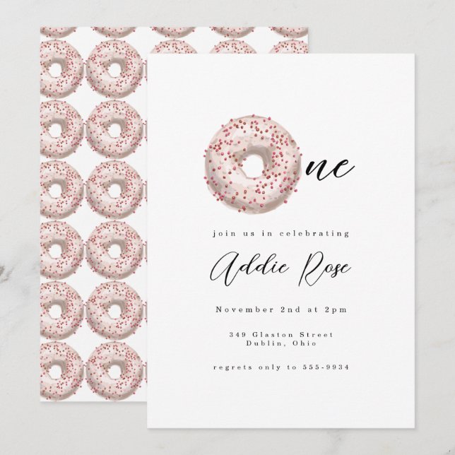 Invitation Saupoudrer rose Donut One Girl First Birthday (Devant / Derrière)