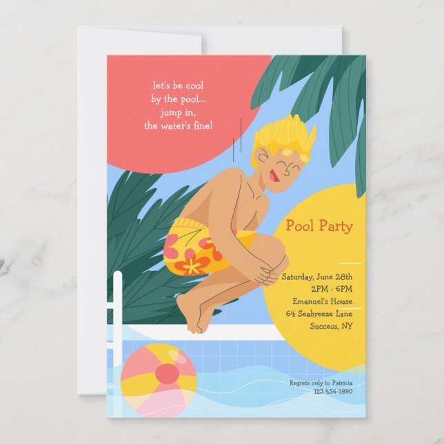 Invitation Saute dans l'eau, la piscine est bonne Fête au bor (Devant)