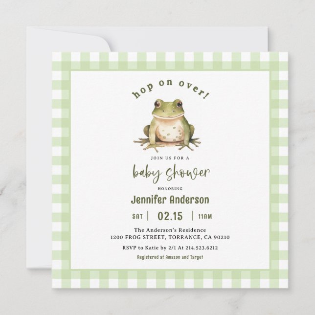 Invitation Sauter sur le Carré de Baby shower de grenouille (Devant)
