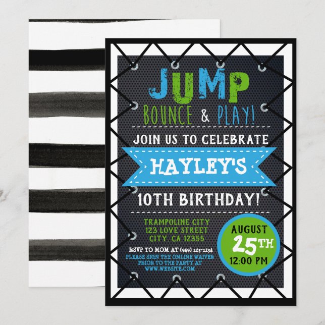 Invitation Sauts et jeux verts et bleus Trampoline Park Bounc (Devant / Derrière)