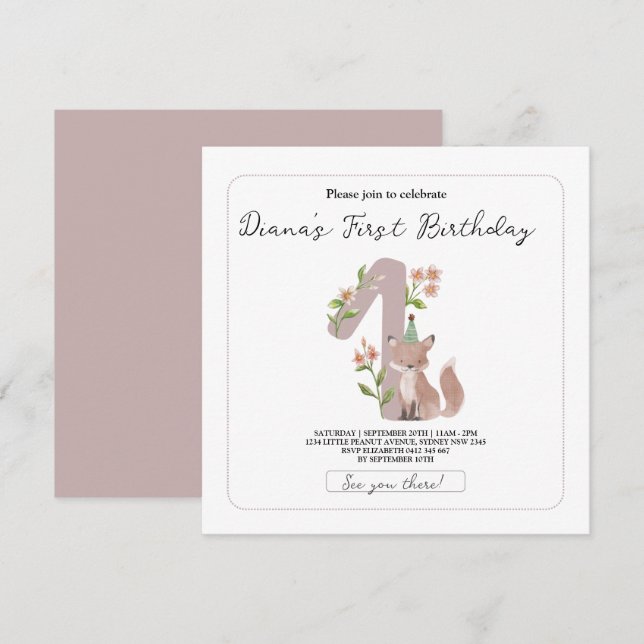 Invitation sauvage, 1ère fête d'anniversaire, animaux des boi (Devant / Derrière)
