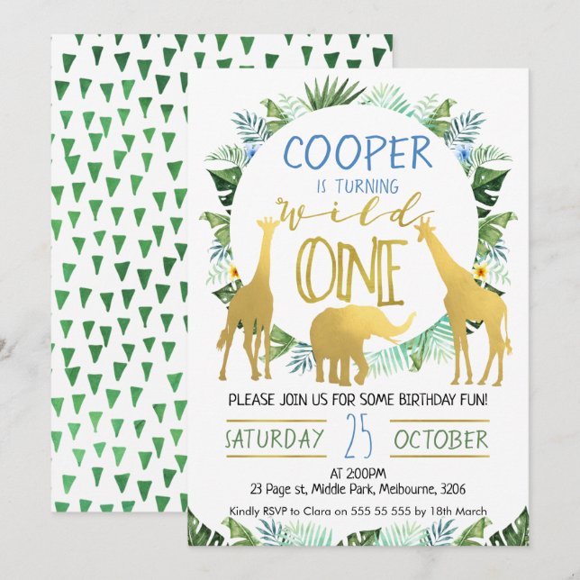 Invitation sauvage d'anniversaire d'animaux d'or (Devant / Derrière)