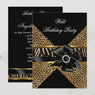 Invitation Sauvage Léopard Zèbre Noir Nœud Doré Fête d'annive