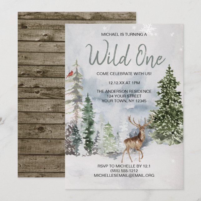 Invitation Sauvage Un hiver Bois Cerf Premier Anniversaire (Devant / Derrière)