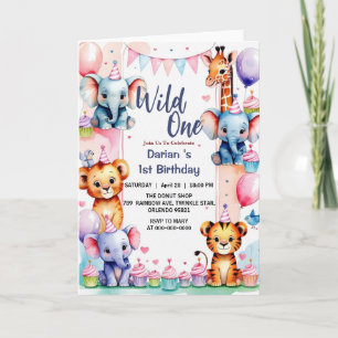 Invitation Sauvage Un Jolies Animaux Ballon gâteau 1er Annive