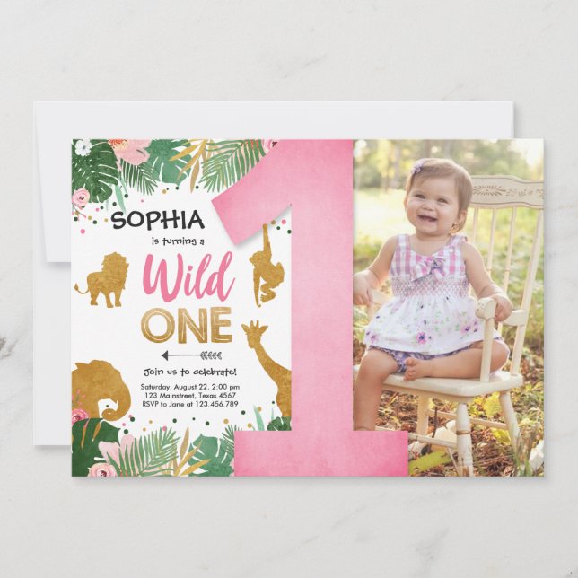 Invitation Sauvage Une Safari Fille d'Or Animaux Roses Annive (Devant)