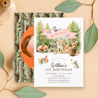 Invitation Sauvageon Animaux de la Forêt Rose 1er Anniversair