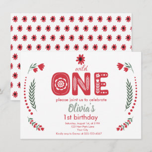 Invitation Sauvageon - Fête d'anniversaire 1 an - Fleurs roug