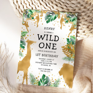 Invitation Sauvageon Safari Jungle Or Vert 1er Anniversaire
