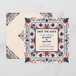 Invitation Sauvegarder la date, art folklorique floral, rouge