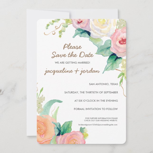 Invitation Sauvegarder la date Fleurs de roses aquarellées mo (Devant)