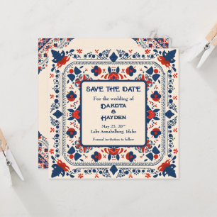 Invitation Sauvegarder la date, floral art populaire, rouge b