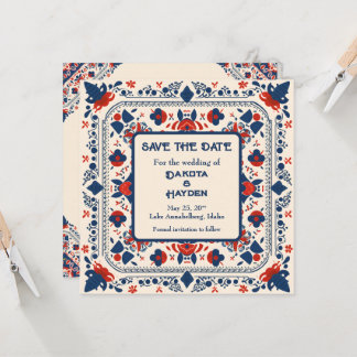 Invitation Sauvegarder la date, floral art populaire, rouge b
