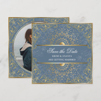 Invitation Sauvegarder la date, mariage bleu et or éblouissan