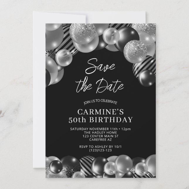 Invitation Sauvegarder la date Noir Argent 50e Anniversaire (Devant)