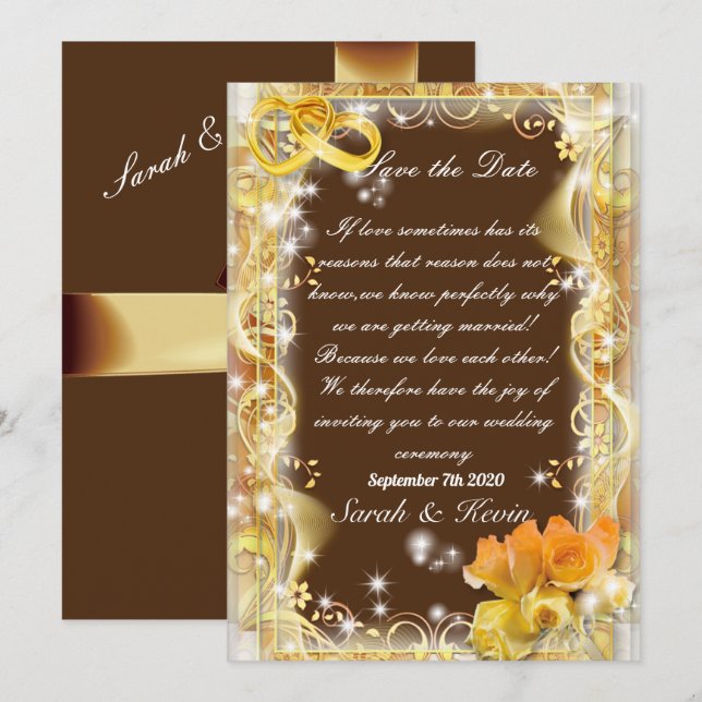 Invitation Sauvegarder la date orange or & marron fond aquare (Devant / Derrière)