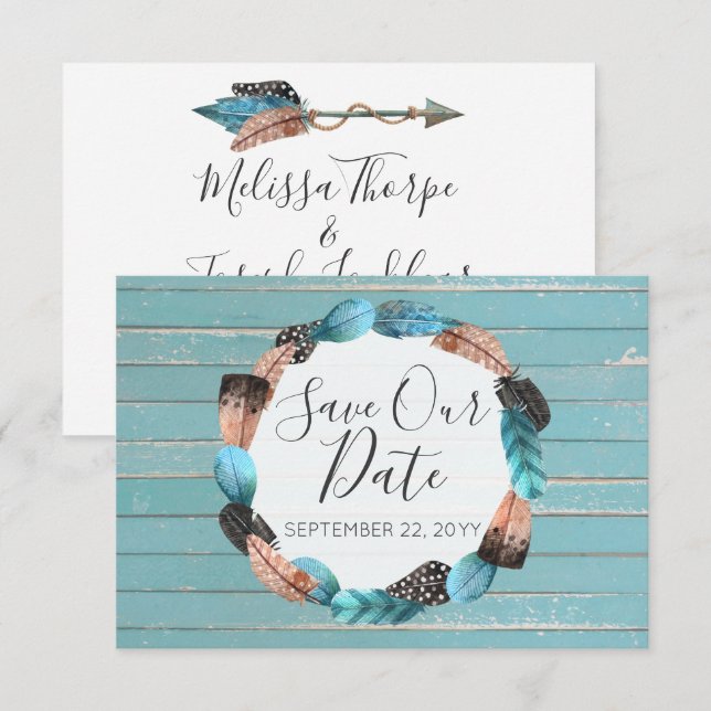 Invitation Sauvegarder la date Plumes de turquoise rustique F (Devant / Derrière)
