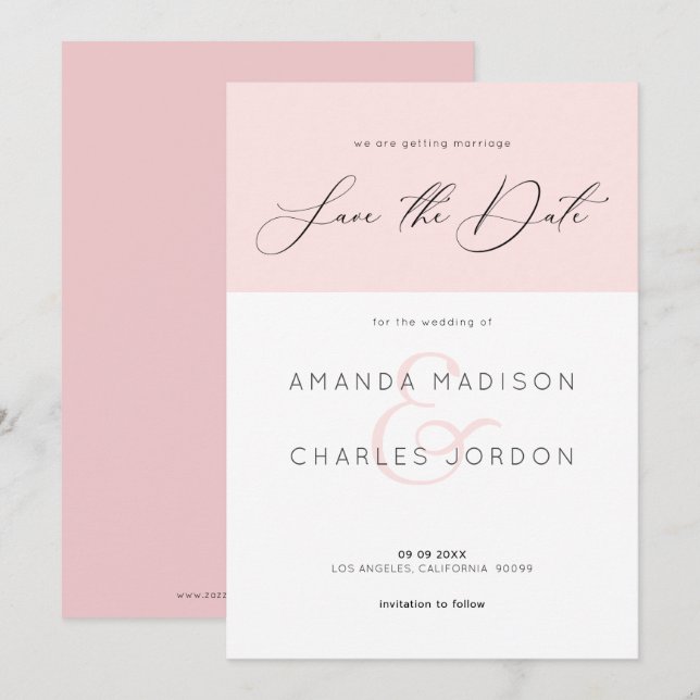 Invitation Sauvegarder la date typographie moderne rose et bl (Devant / Derrière)