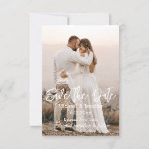 Invitation sauver la date, calligraphie blanche chic photo de