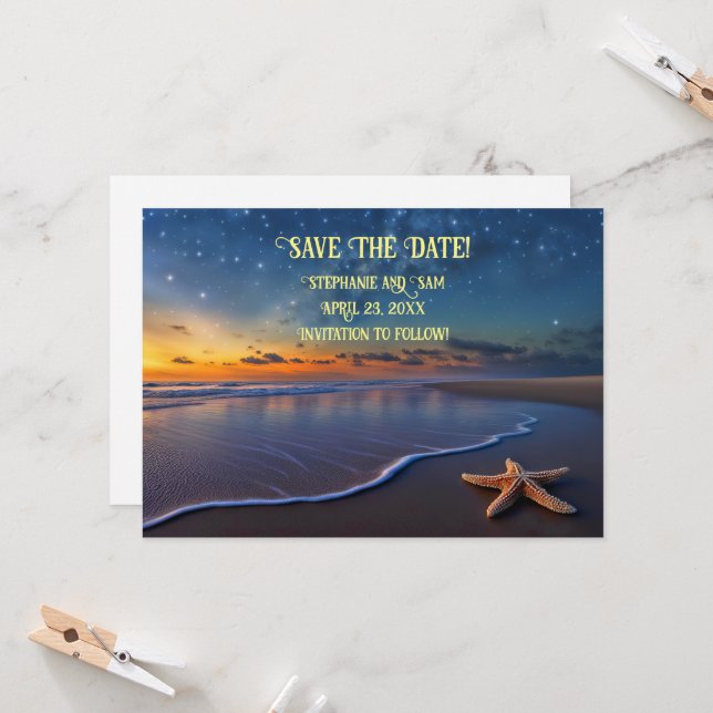 Invitation Sauver la date de la plage romantique  (Devant/Arrière en situation)
