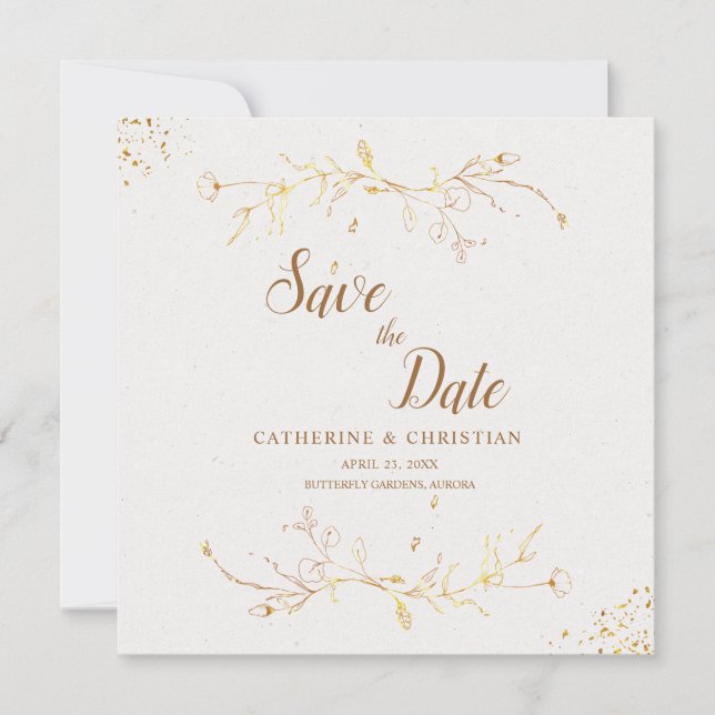 Invitation Sauver la date fleurs de contour doré carré (Devant)