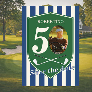 Invitation Sauver la date Golfeur Photo Bleu 50e Anniversaire