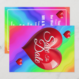 Invitation Sauver la date mariage arc-en-ciel rouge 3 cœurs