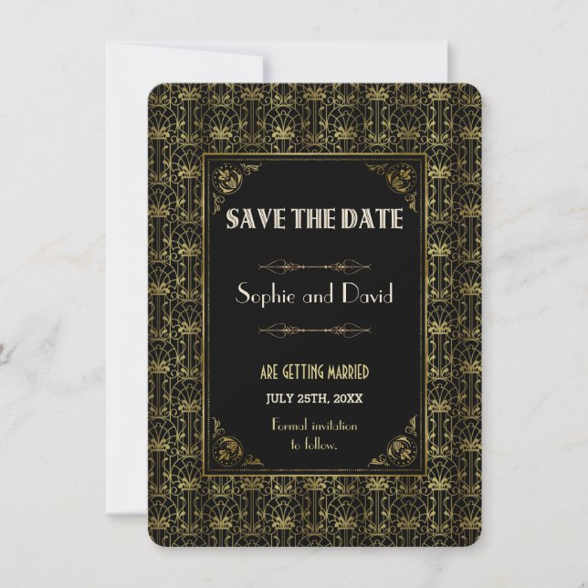 Invitation Sauver la date | Or Noir Art Déco des Années Folle (Devant)