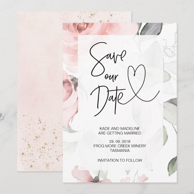 Invitation Sauver Notre Date Rose Floral Élégant Mariage (Devant / Derrière)