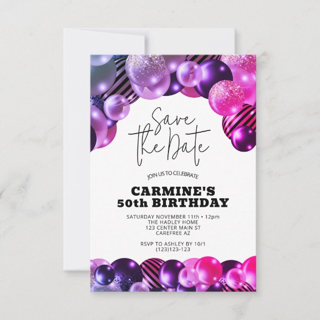 Invitation Sauvez la date Fuchsia 50e fête d'anniversaire (Devant)
