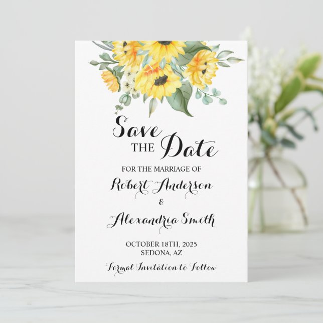 Invitation Sauvez la date Mariage tournesols verdure (Debout devant)