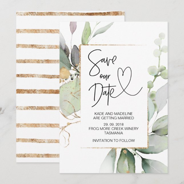 Invitation Sauvez notre date Or Eucalyptus Mariage Fiançaille (Devant / Derrière)