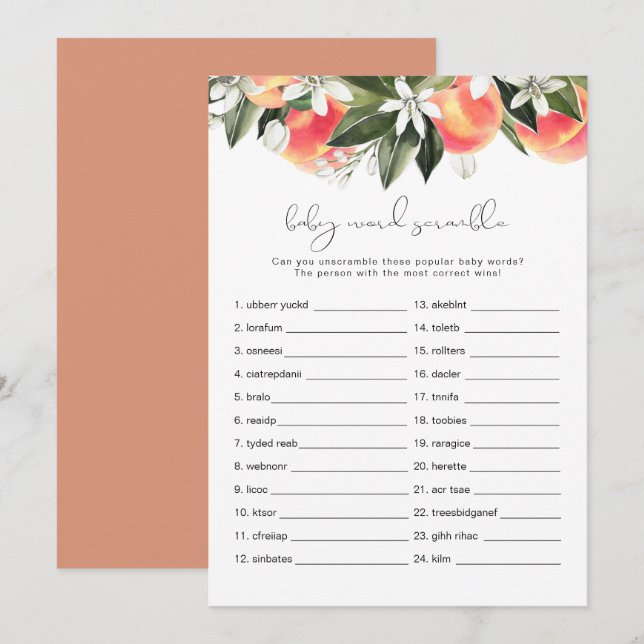 Invitation SAVANNAH Peach Baby Word Scramble Baby shower Jeu (Devant / Derrière)