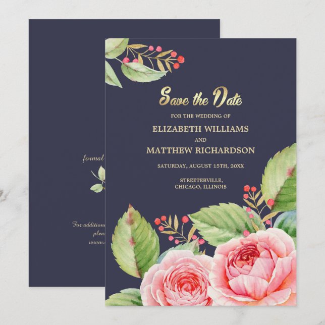 Invitation Save the date. Aquarelle bleu marine Floral (Devant / Derrière)