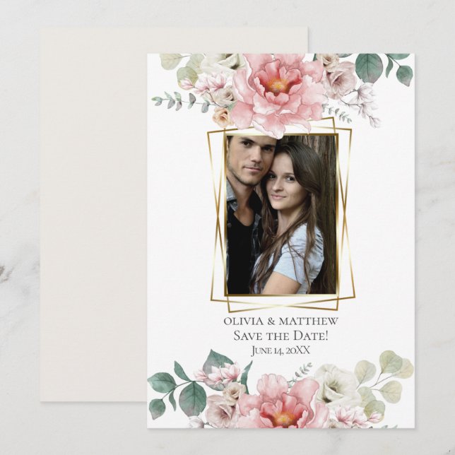Invitation Save the date | Aquarelle Floral Rose Blush (Devant / Derrière)