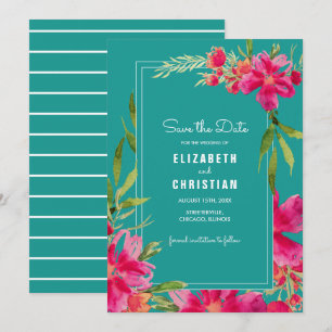 Invitation Save the date. Aquarelle florale Fuchsia Turquoise